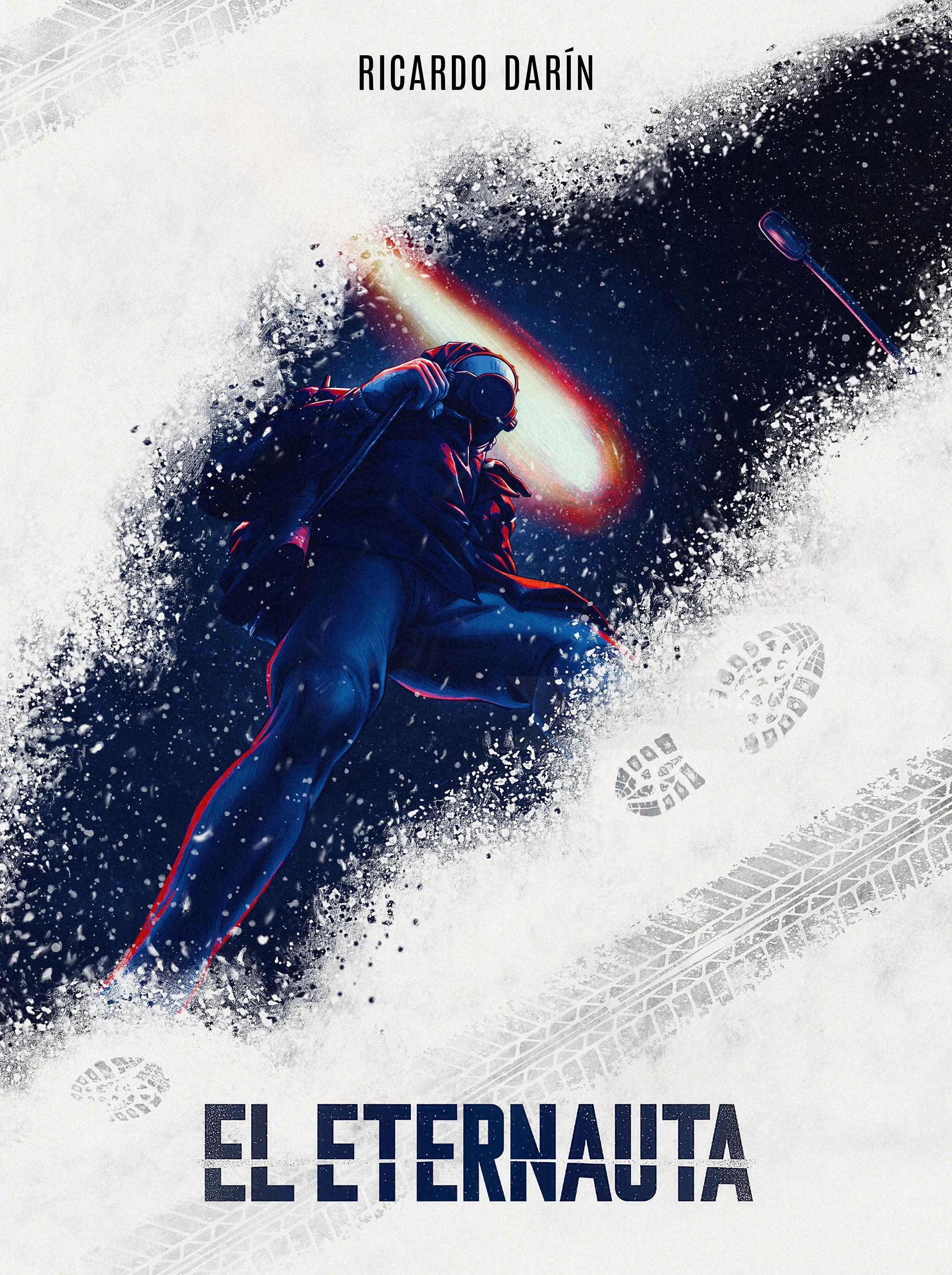 El Eternauta concept poster with figure in dark suit and snow footprints by Diego Abreu