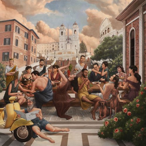 Colorful historic plaza scene with people and yellow scooter by Diego Abreu