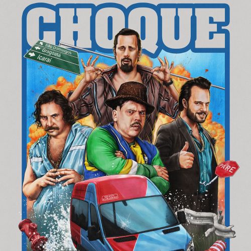 Plakat der Choque de Cultura mit vier Männern und einem roten Lieferwagen von Diego Abreu