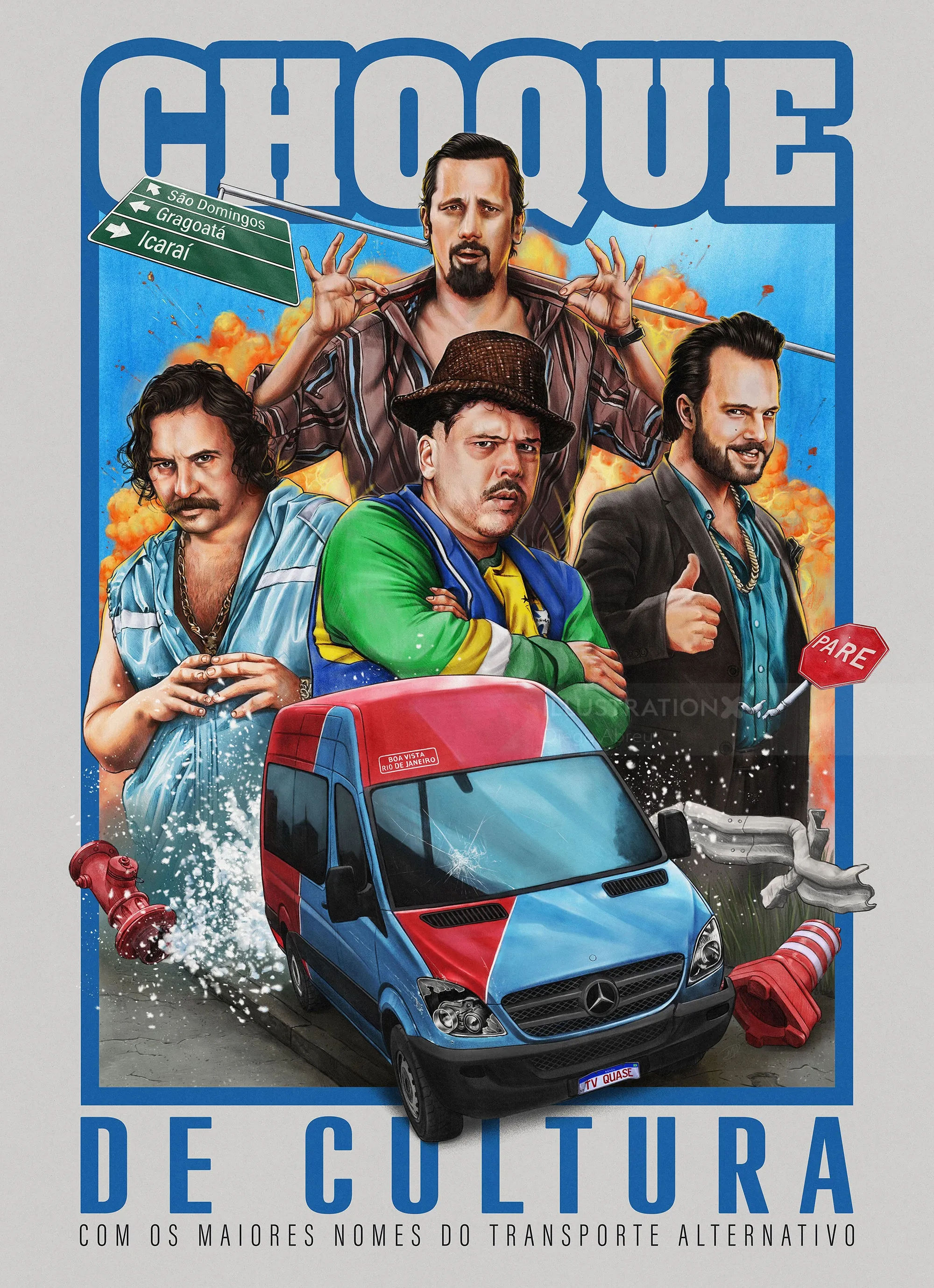 Plakat der Choque de Cultura mit vier Männern und einem roten Lieferwagen von Diego Abreu