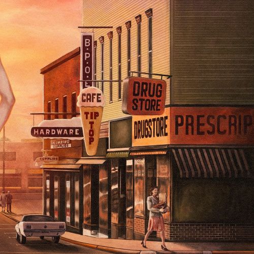 Street corner with drugstore, cafe, and person walking by at sunset by Diego Abreu