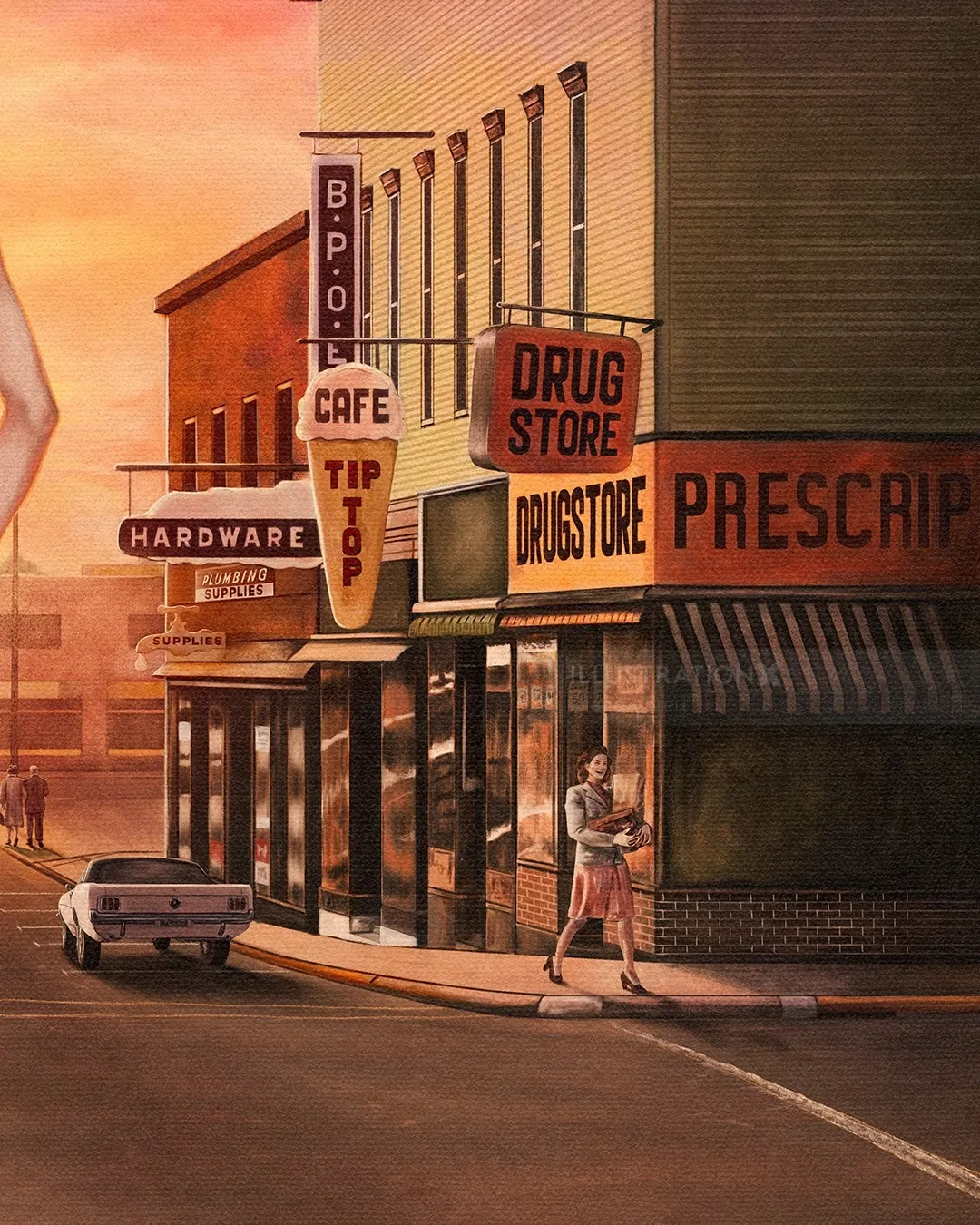 Street corner with drugstore, cafe, and person walking by at sunset by Diego Abreu