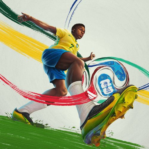 Jugador de fútbol pateando el balón con trazos coloridos por Diego Abreu
