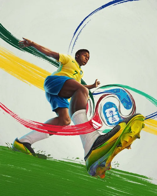サッカー選手がカラフルなストロークでボールを蹴る様子（作者：Diego Abreu）