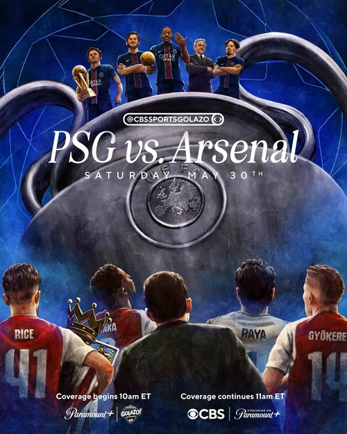 Diego Abreu poster showing PSG versus Arsenal with players and fans