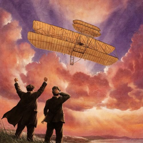 Diego Abreu illustration of two people watching an early biplane at sunset