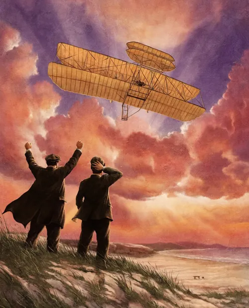 Diego Abreu illustration of two people watching an early biplane at sunset