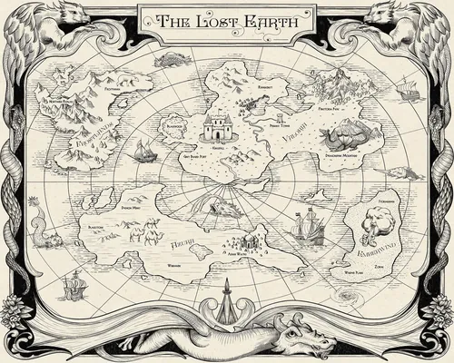 Diego Abreu 绘制的奇幻世界地图，带有华丽的边框、船只、海洋生物和罗盘玫瑰。