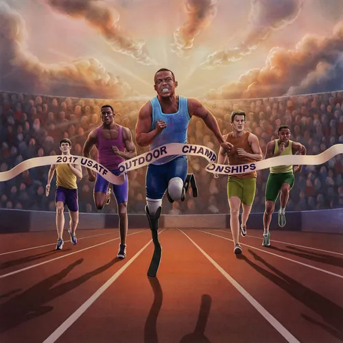 Diego Abreu œuvre d'art représentant un sprinter remportant un championnat d'athlétisme au milieu de concurrents qui l'acclament.