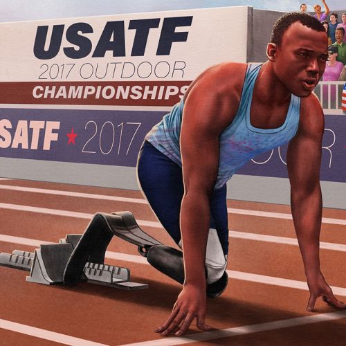 Illustration by Diego Abreu of a sprinter crouching at an indoor USATF championship track meet.