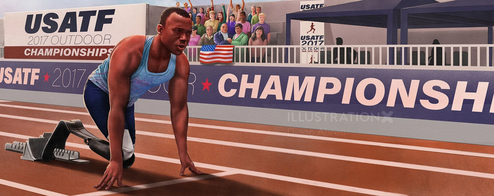 Illustration par Diego Abreu d'un sprinter accroupi lors d'une compétition d'athlétisme en salle du championnat USATF.