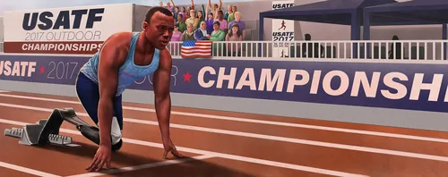 Illustration par Diego Abreu d'un sprinter accroupi lors d'une compétition d'athlétisme en salle du championnat USATF.