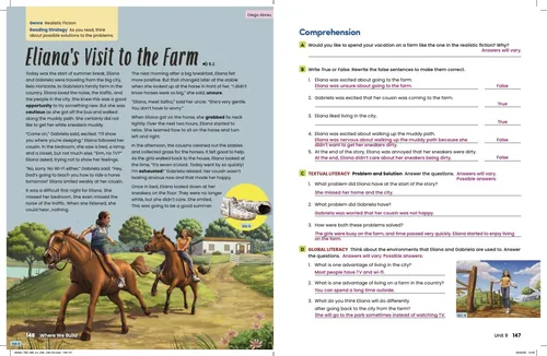 Diego Abreu's illustrated textbook spread about Eliana visiting a farm