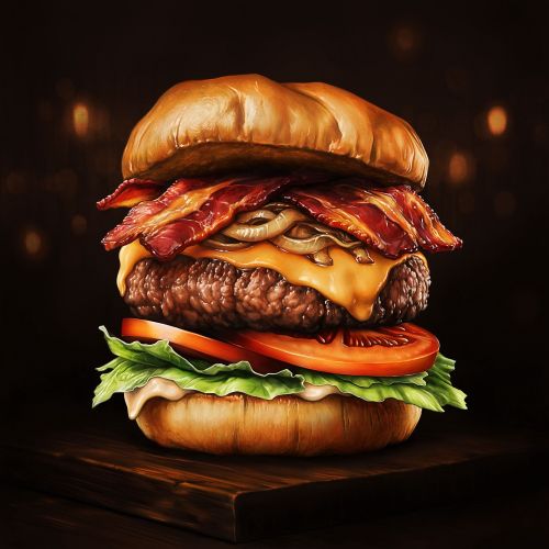 Diego Abreu’s illustration of a towering bacon cheeseburger with mushrooms, lettuce, tomato, and m