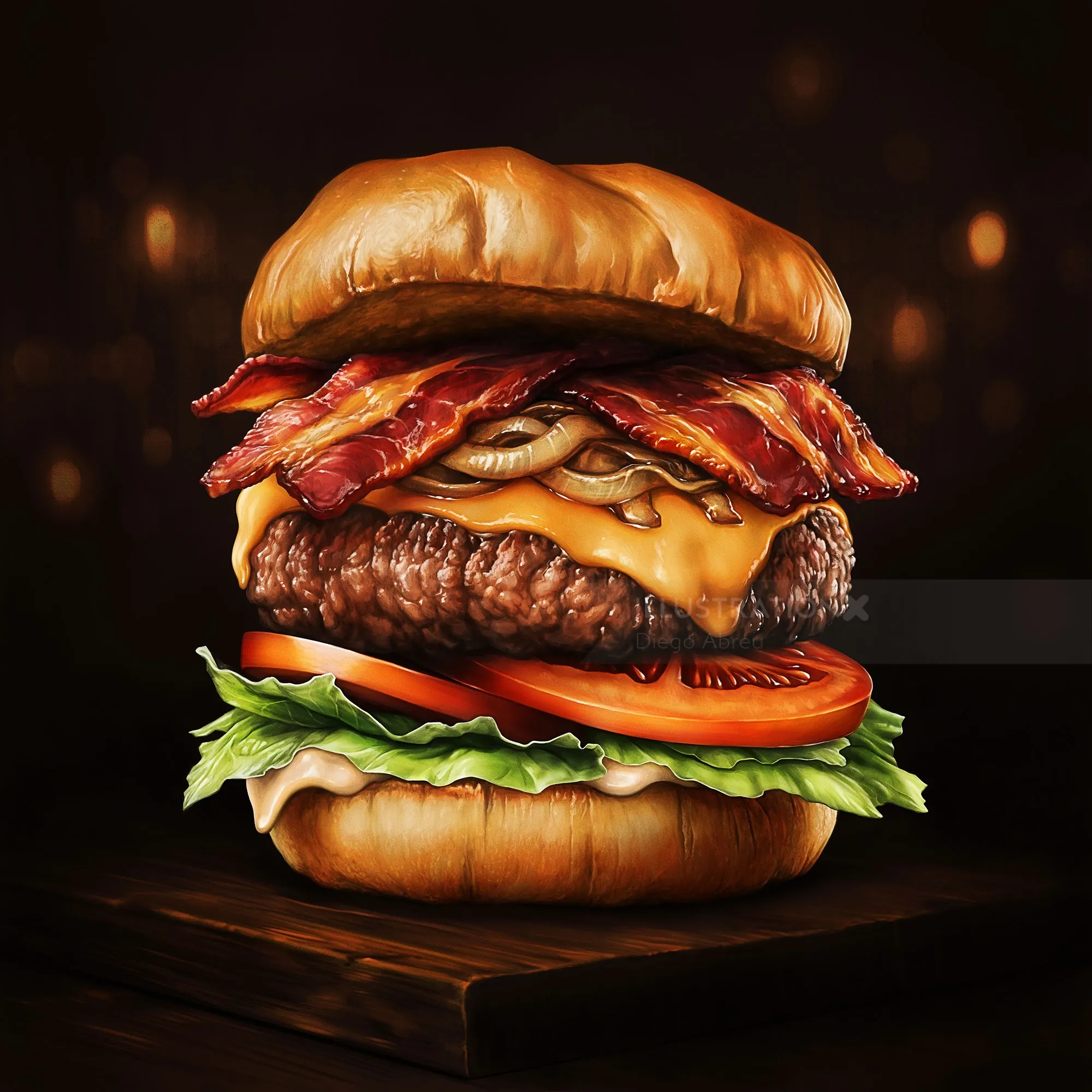 Diego Abreu’s illustration of a towering bacon cheeseburger with mushrooms, lettuce, tomato, and m