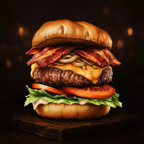 Diego Abreu’s illustration of a towering bacon cheeseburger with mushrooms, lettuce, tomato, and m