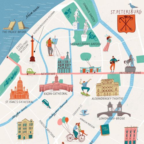 An illustrated map of St. Petersburg, Russia.