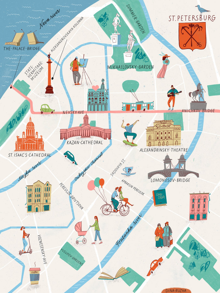 An illustrated map of St. Petersburg, Russia.