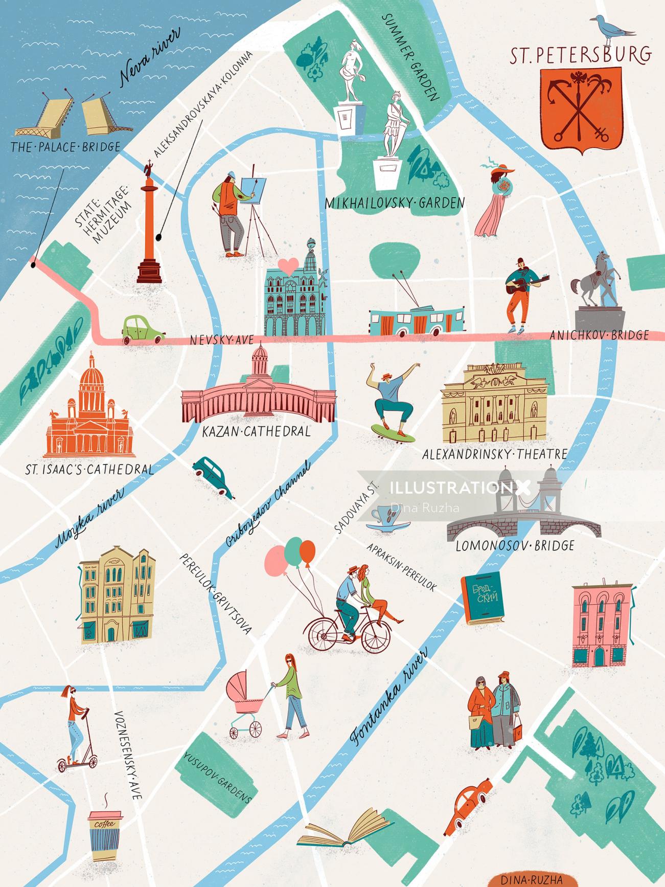 Une carte illustrée de Saint-Pétersbourg, Russie.