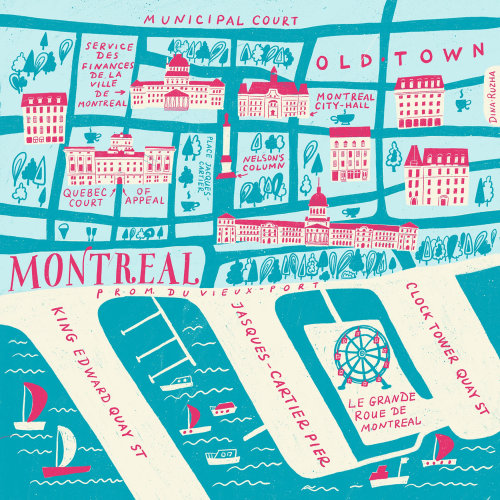 Map illustration of Montreal with historic downtown