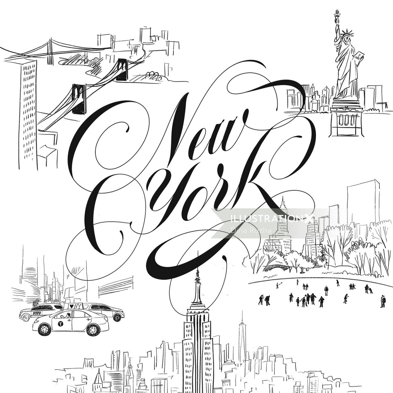 Lettering and graphic for the postcard from NYC.
