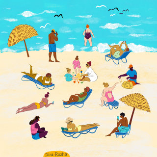 Ilustración de una escena de playa en estilo de dibujos animados