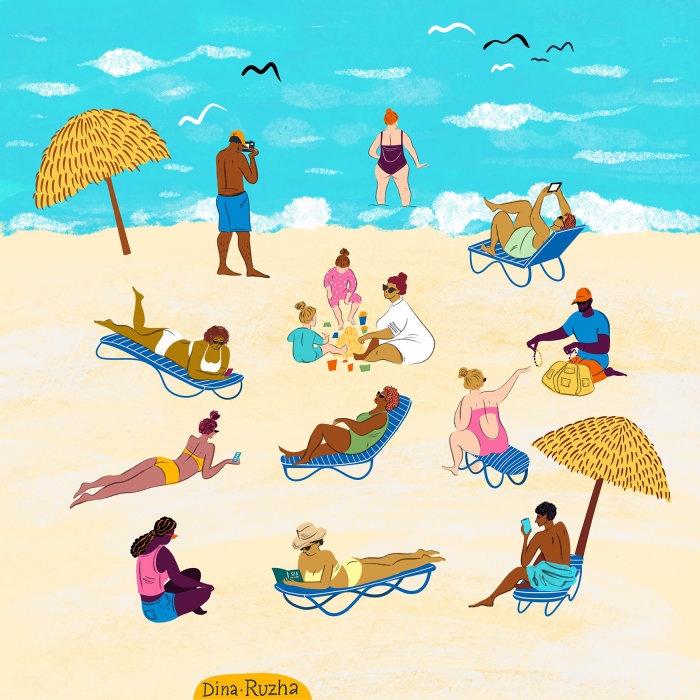 Ilustração de uma cena de praia em estilo cartoon