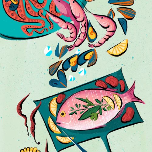Sea food illustration by Dina Ruzha