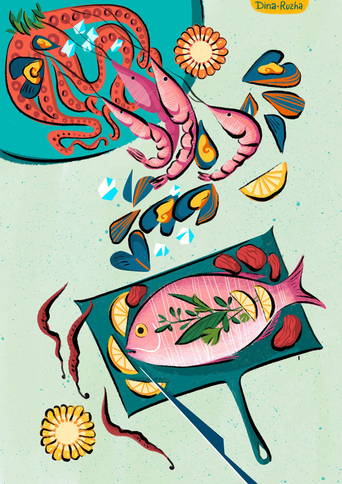Ilustração de frutos do mar por Dina Ruzha
