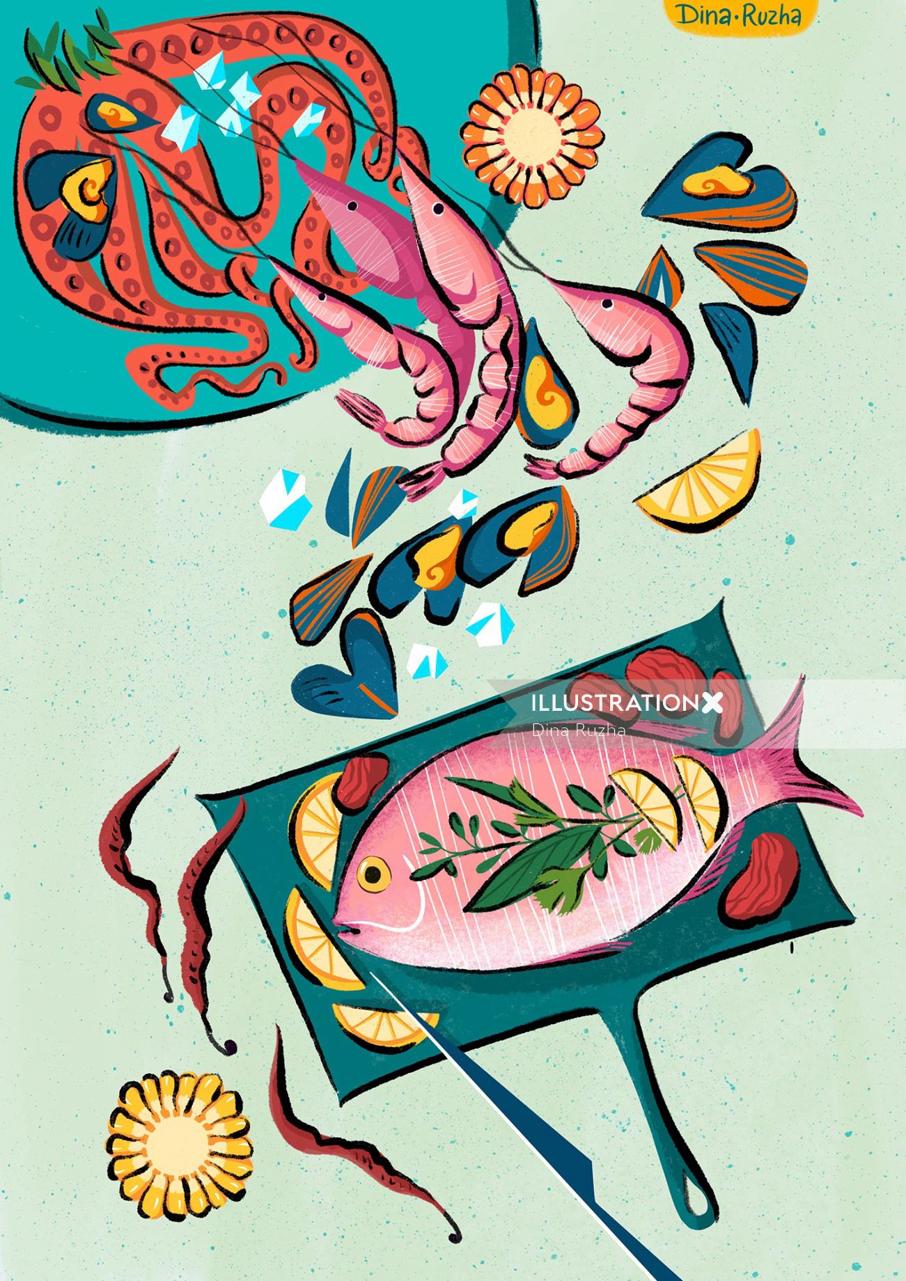 Illustration de fruits de mer par Dina Ruzha