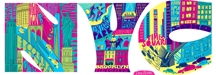 Letras vibrantes mostram marcos icônicos de Nova York