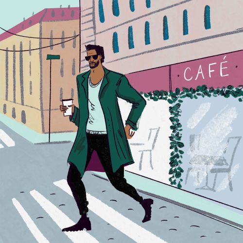 Fashion drawing of a man crossing road