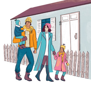 通りを歩く漫画の家族