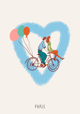 A line and colour drawing of a couple riding a bicycle