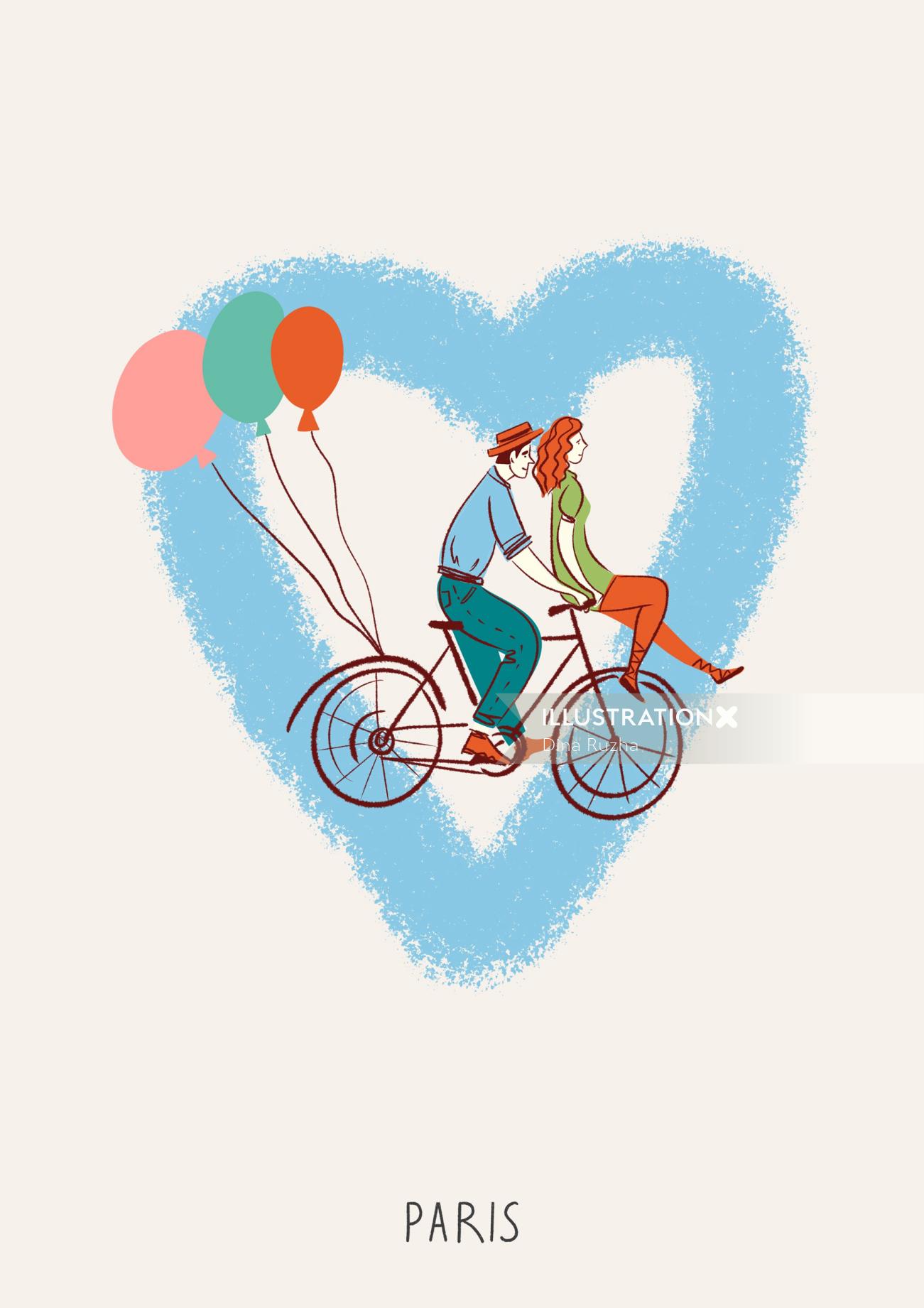 A line and colour drawing of a couple riding a bicycle