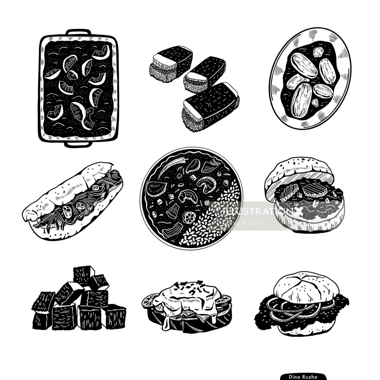 Black and white food illustration