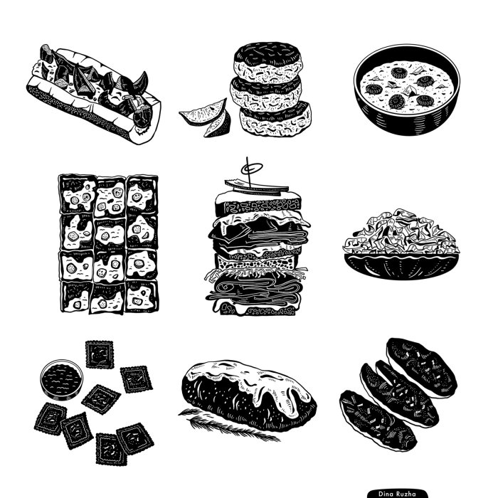 Desenhos divertidos de comida em preto e branco