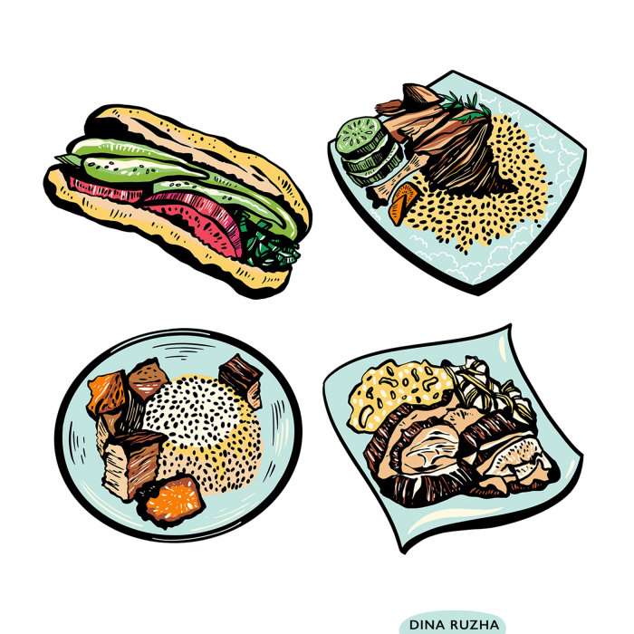 Vários pratos desenhados por Dina Ruzha
