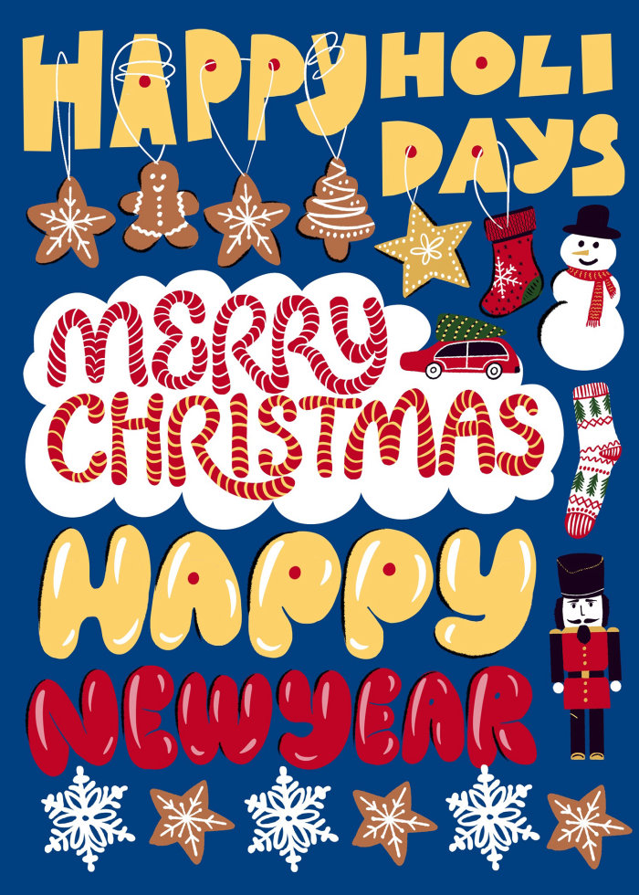 Ilustração de letras de Feliz Natal e Feliz Ano Novo