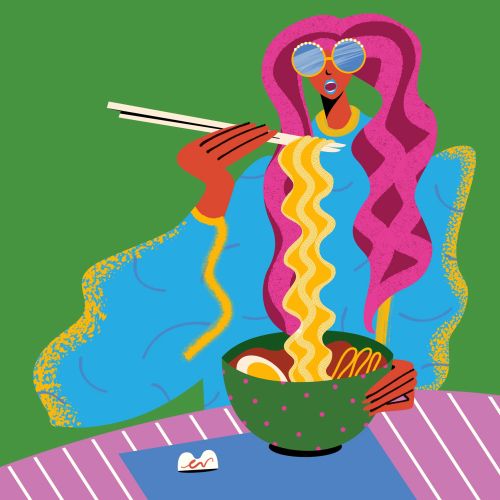 Visual design of a woman tangled up in noodles