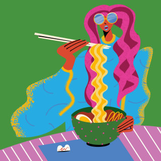 Visual design of a woman tangled up in noodles