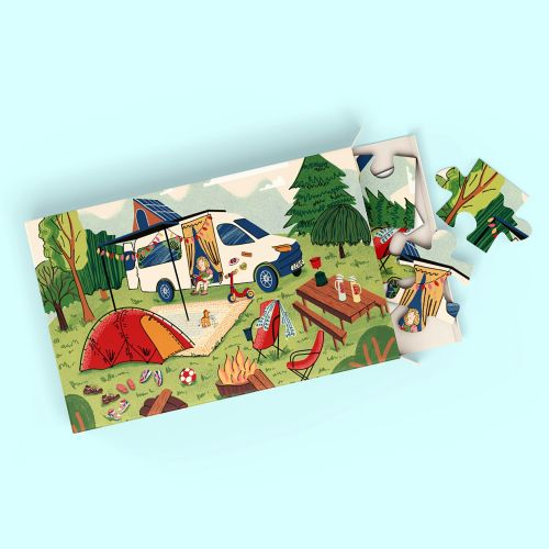 Camping-themed illustration for a puzzle