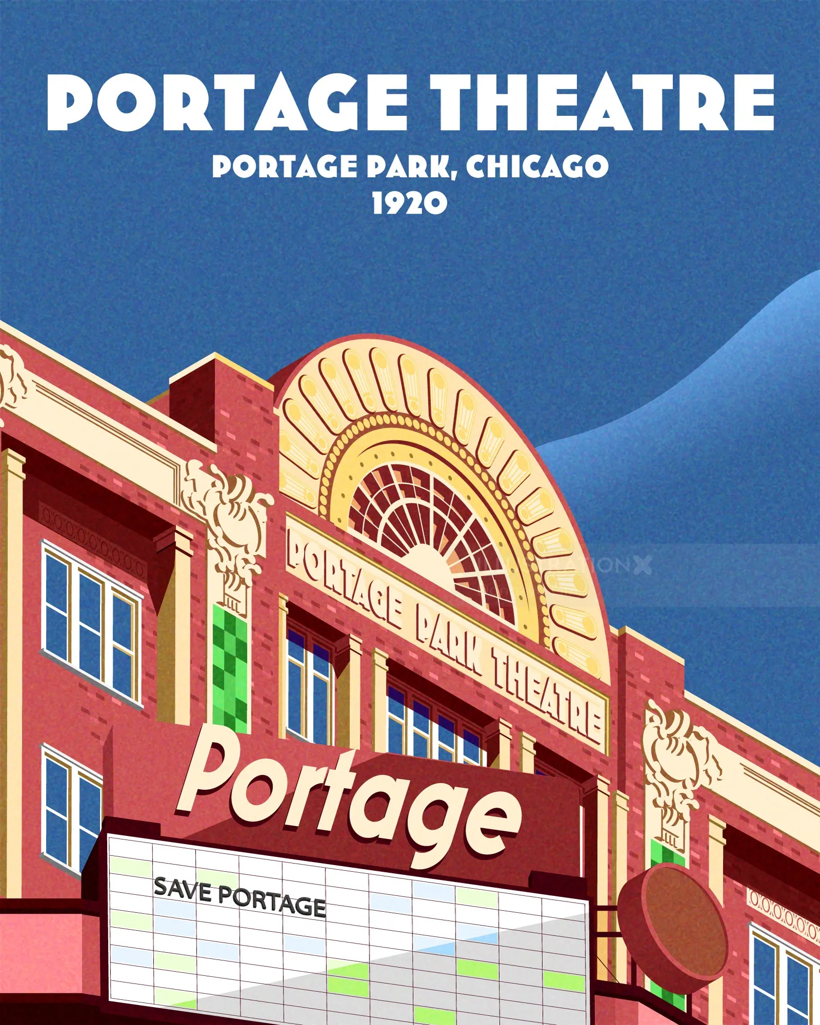Illustration von Dongkyu Lim zur Fassade des Portage Theatre in Chicago