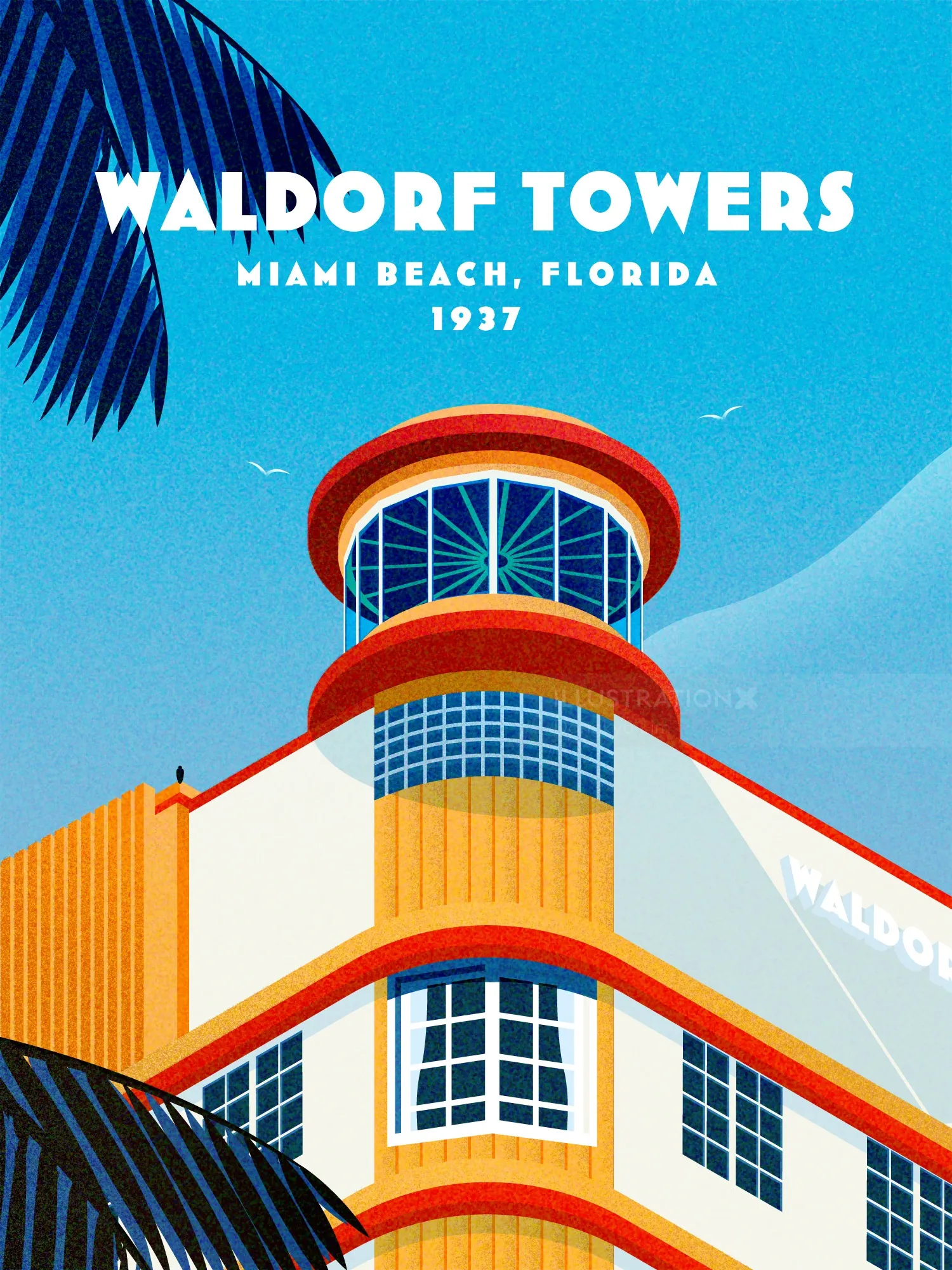 Ilustración de Dongkyu Lim de Waldorf Towers en Miami Beach.