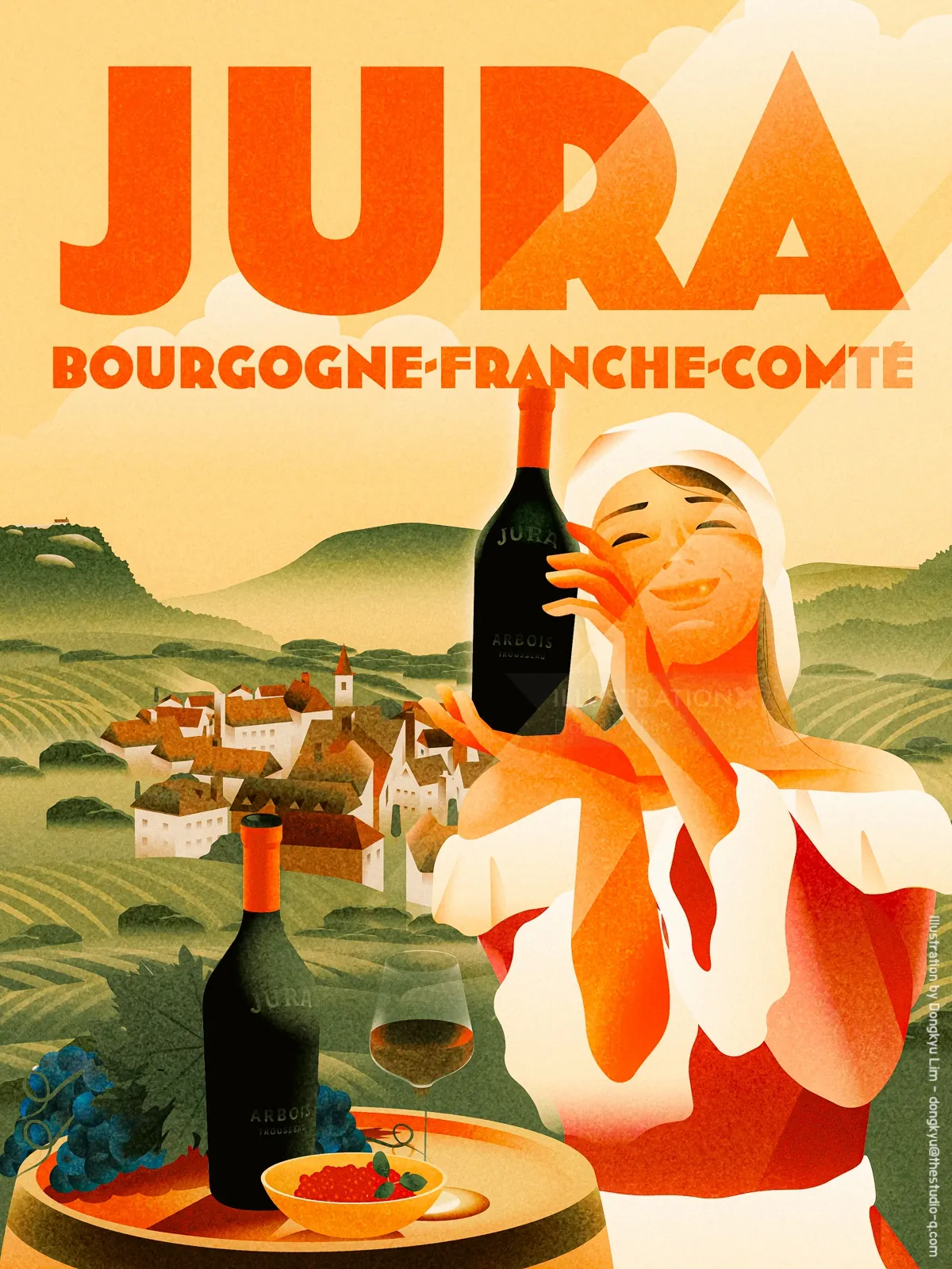 Ein Plakat von Dongkyu Lim zeigt eine Frau mit Jura-Wein über einem französischen Dorf.