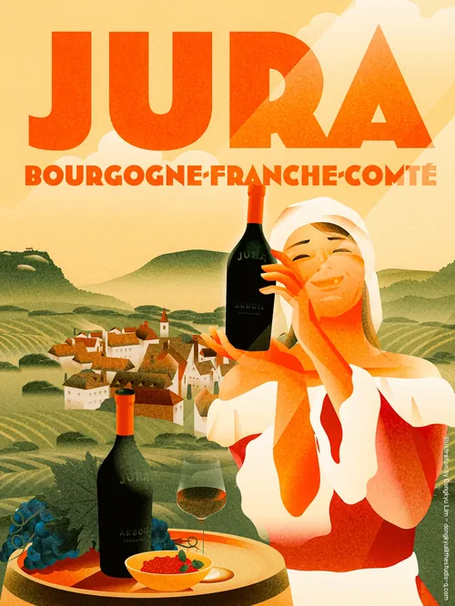 Dongkyu Lim poster showing a woman with Jura wine over a French village