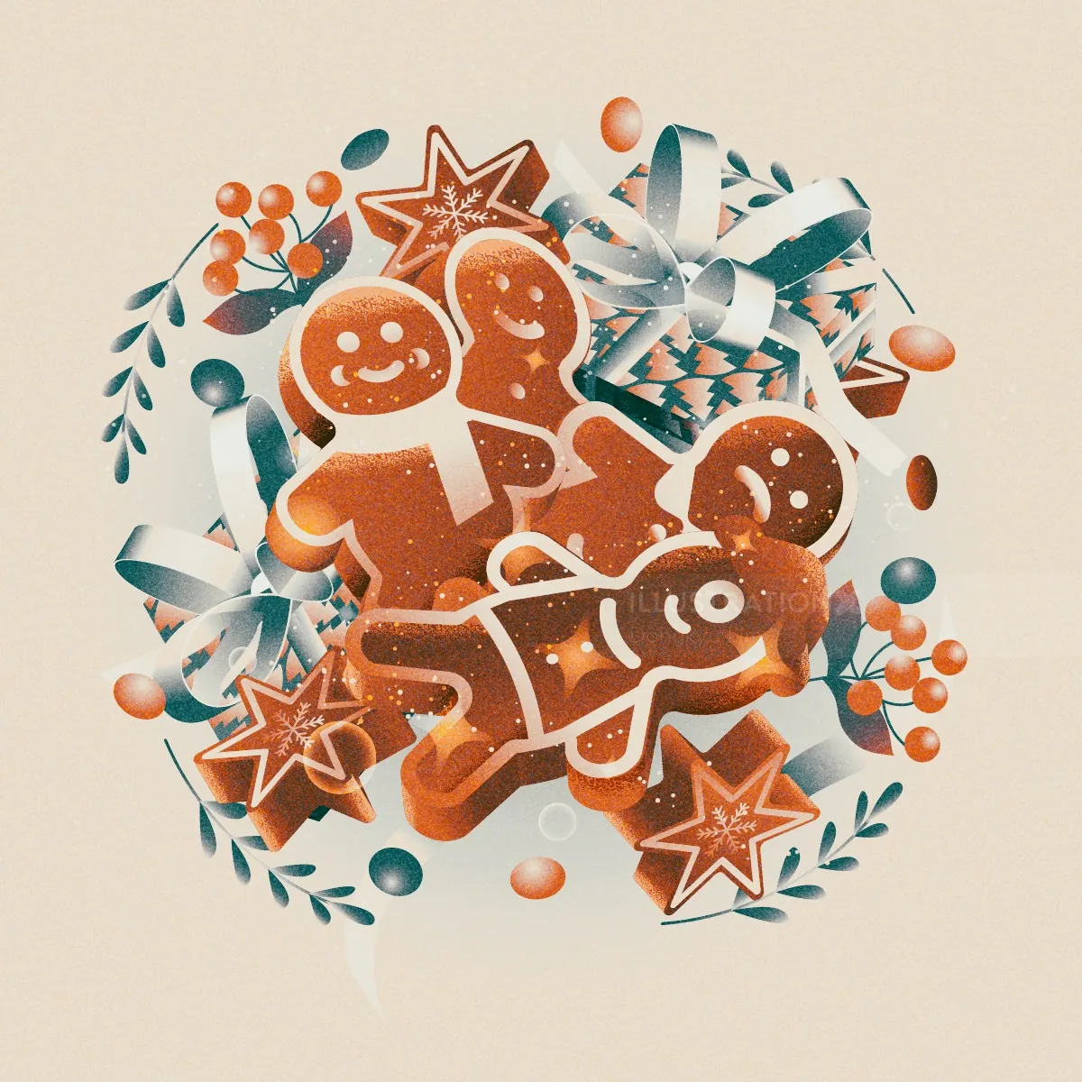 Illustration von Dongkyu Lim: Weihnachtslebkuchen und festlicher Schmuck