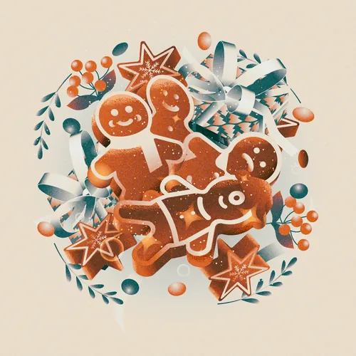 Dongkyu Lim illustration of Christmas gingerbread cookies and festive ornaments