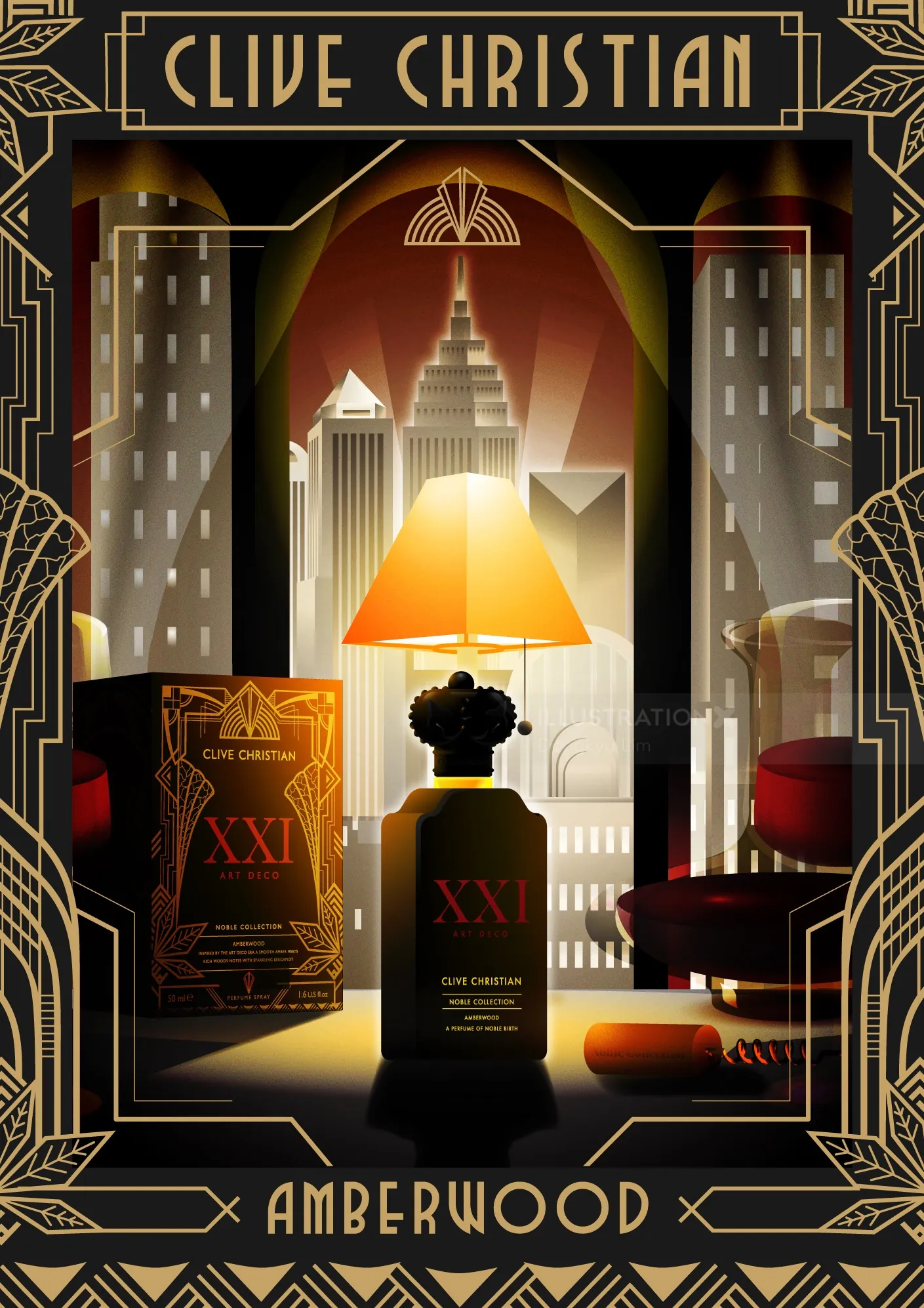 Art-Deco-Illustration von Amberwood von Dongkyu Lim mit Parfümflakons und Stadtansicht