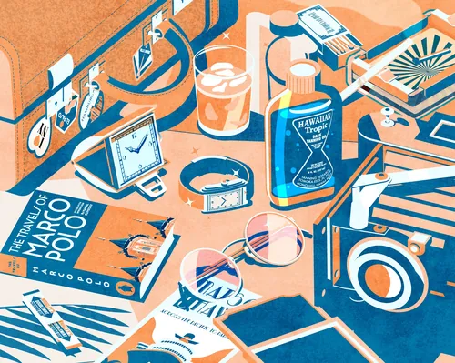 Isometric 1930s travel scene by Dongkyu Lim with maps, camera, books, and luggage